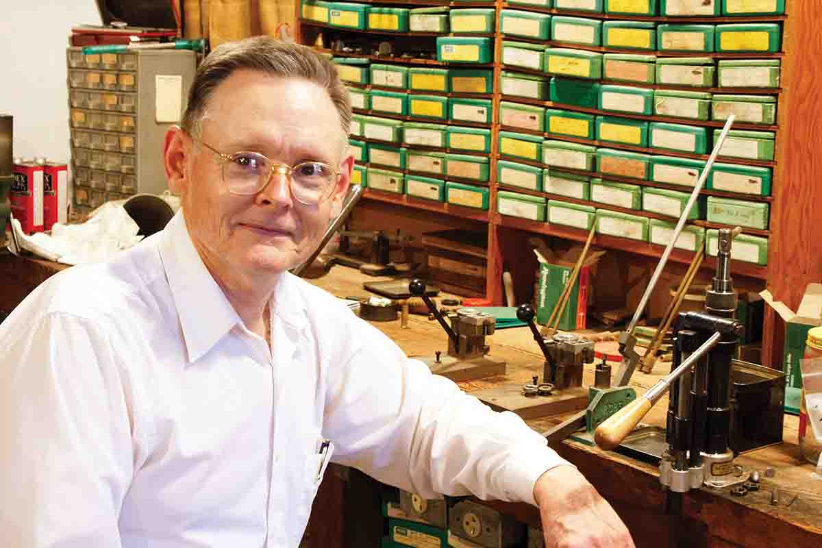 Bob Hayley in his workshop in 2008, flanked by his beloved Shoffstall’s Universal priming tools and Star sizer/lubricator.